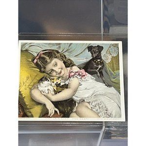 Trade Card Advertising 1890s Scott's Emulsion. Girl with Cats & Dog
